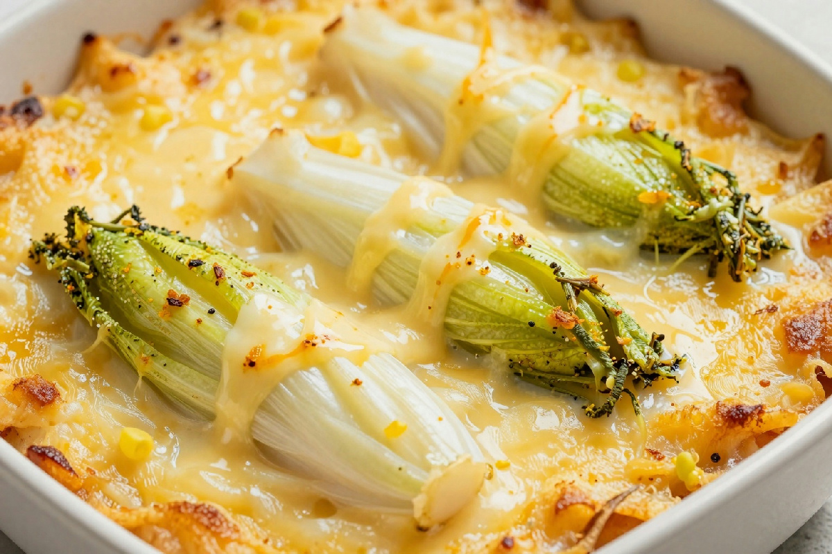 Indivia belga gratinata con besciamella aromatizzata allo zafferano e accompagnata da formaggio fuso