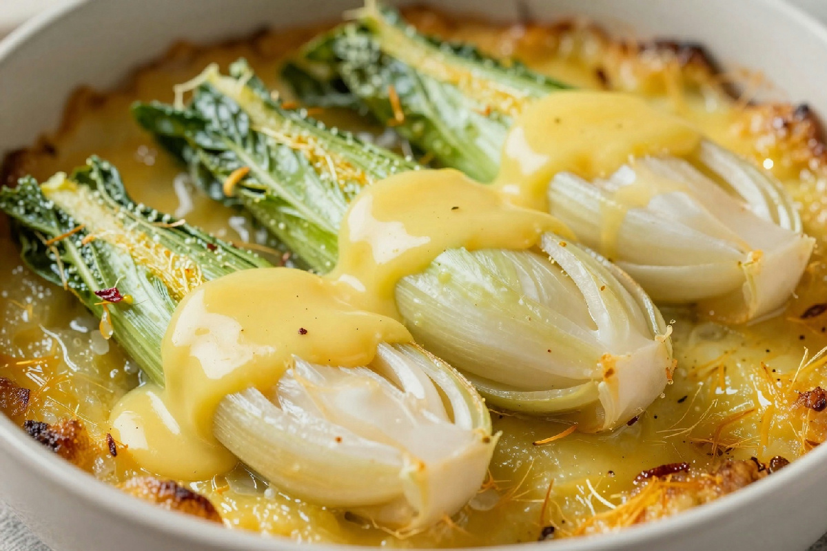 Indivia belga gratinata con una besciamella delicatamente aromatizzata allo zafferano